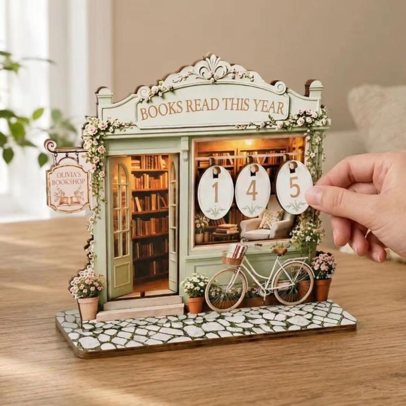 2D Flat Wooden Reading Tracker Vintage Book Calendar Book Tracker Sign Fairy House Flip Tile Counter Reading Challenge Tracker