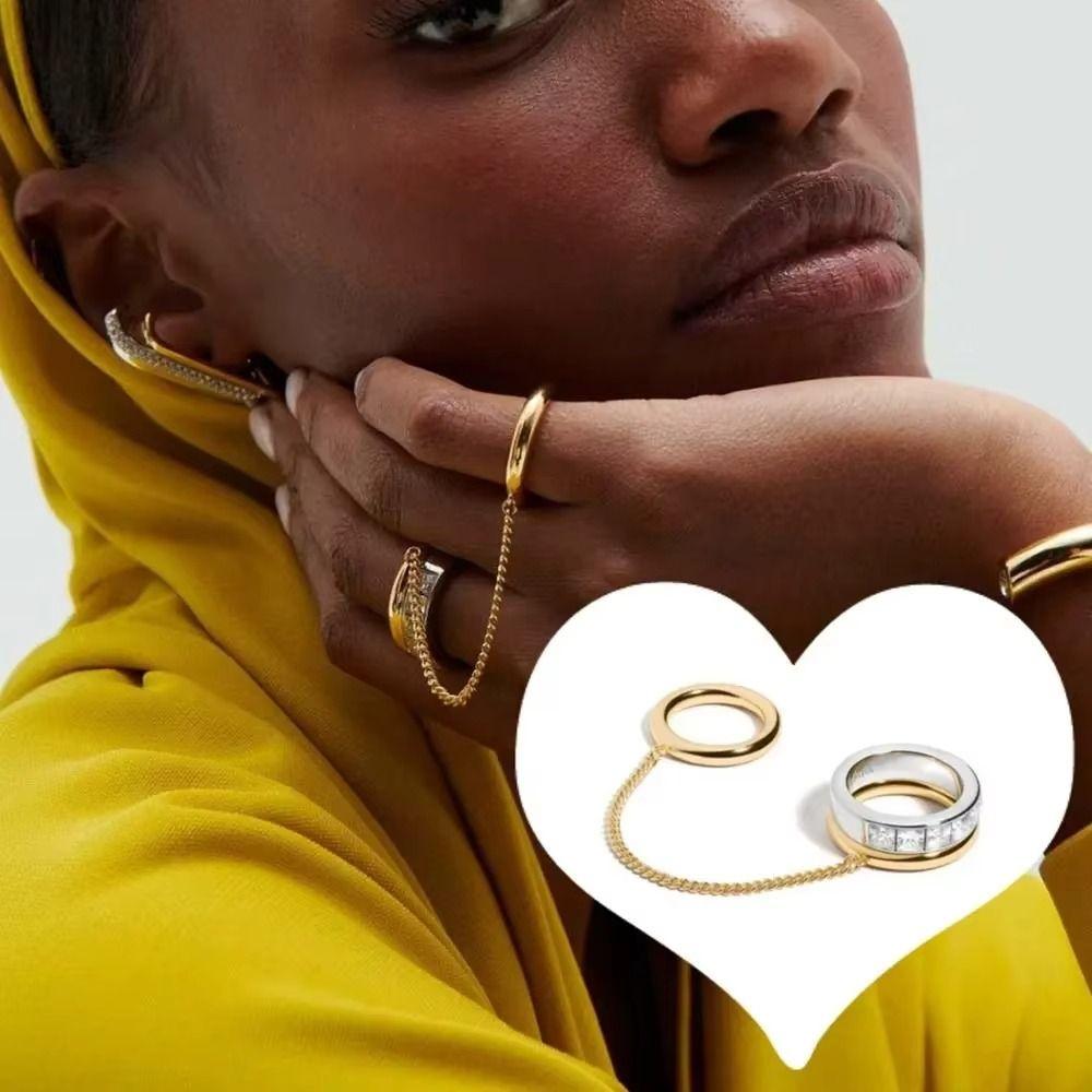 Double Layer Tassel Link Ring Gold Plated Stackable Finger Ring Elegant Chain Ring  Women Girls