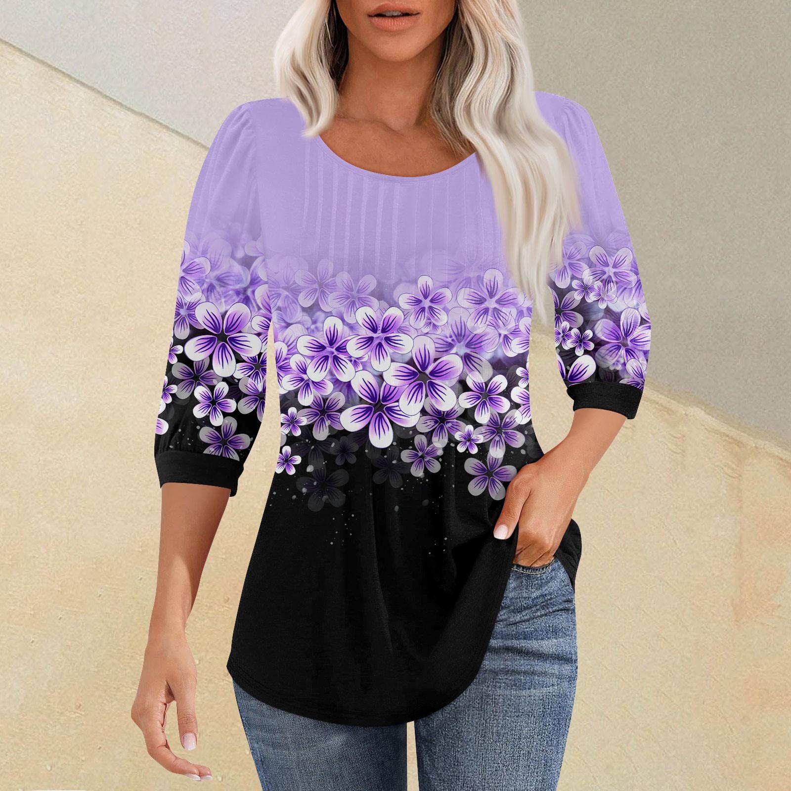 

Women s Fashion Pleated Round Neck Seven Sleeve T-Shirt Casual Floral Printed Top L фиолетовый