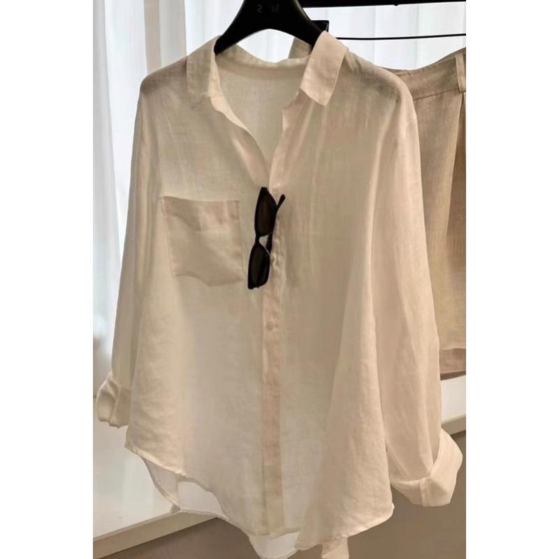 Women's Early Autumn White Linen High-End Long Sleeve Shirt - Slimming, Loose Fit, Cotton-Linen Blend