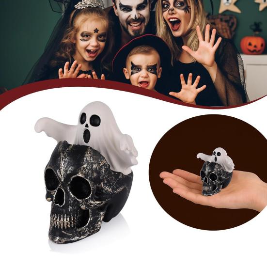 Mini Skull Head with Ghost Figurine Spooky Skeleton Head Ghost Halloween Decor for Gothic Porch Indoor Office Desk Tabletop Mantel Decoration