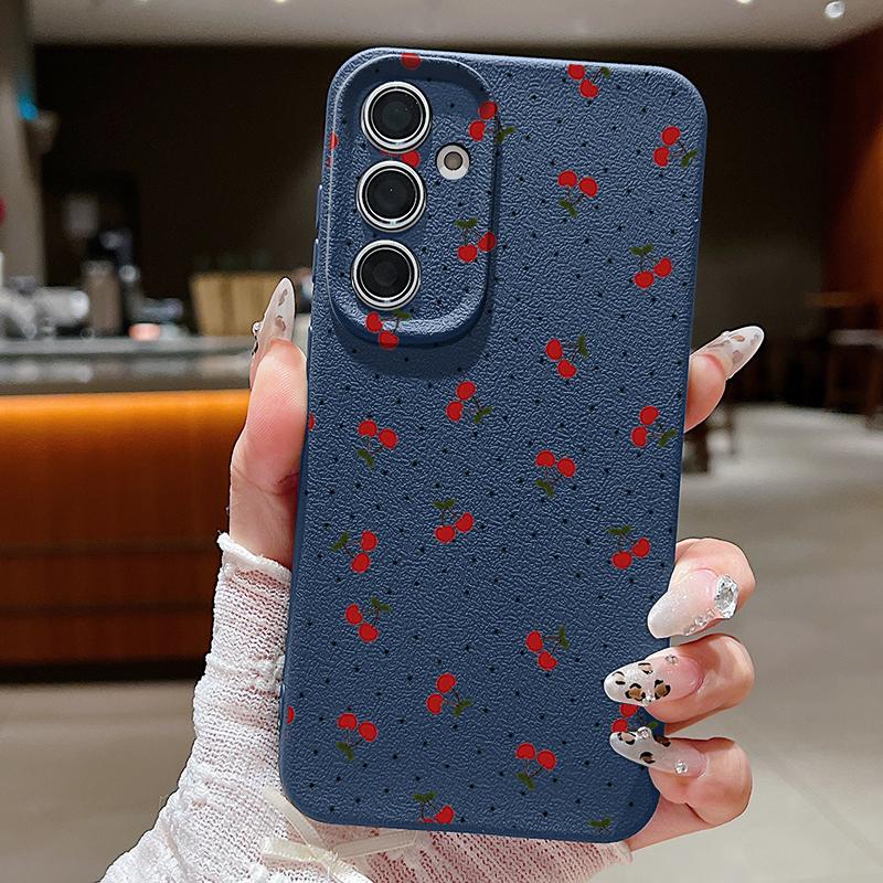 Litte Cherry Pattern Leather Texture Plain Color Shell for Samsung S25 Ultra S24 Fe S23 S22 A56 A16 A15 A55 Soft Silicone Shockproof Matte Case