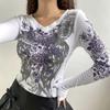 Crop Top Women Vintage Grunge Graphic Print Slim Fit Fairy Tees Tops Retro Aesthetic Long Sleeve Female T Shirt Streetwear