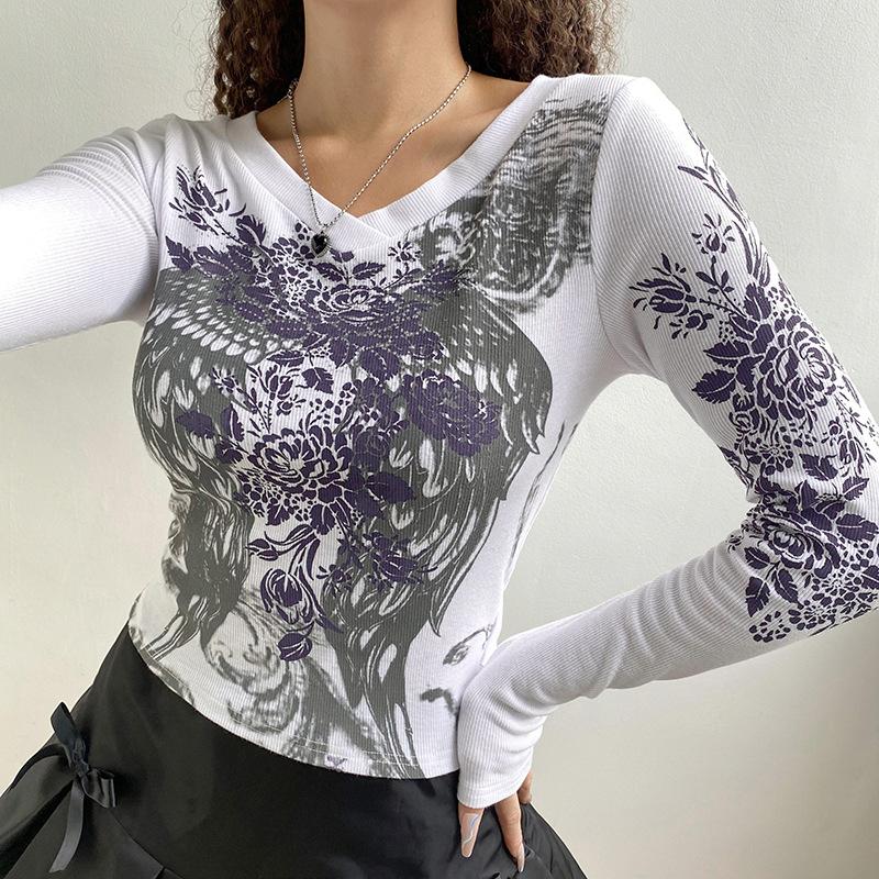 Crop Top Women Vintage Grunge Graphic Print Slim Fit Fairy Tees Tops Retro Aesthetic Long Sleeve Female T Shirt Streetwear