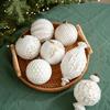 Antique Christmas Bauble Set In White with Aged Gold-Colored Trim, Angular Relief Motifs, and Hanging Rings for Holiday Tree, Mantels Displays