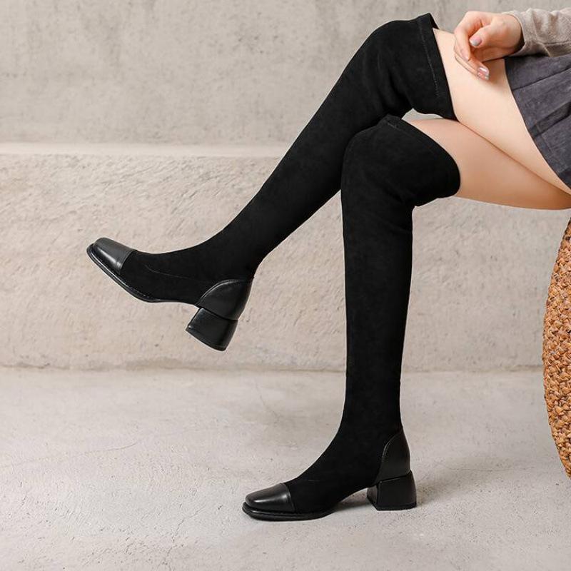 Korean version of the new suede over-knee boots solid color round head square heel sleeve leather boots autumn and winter comfortable rubber sole Mar
