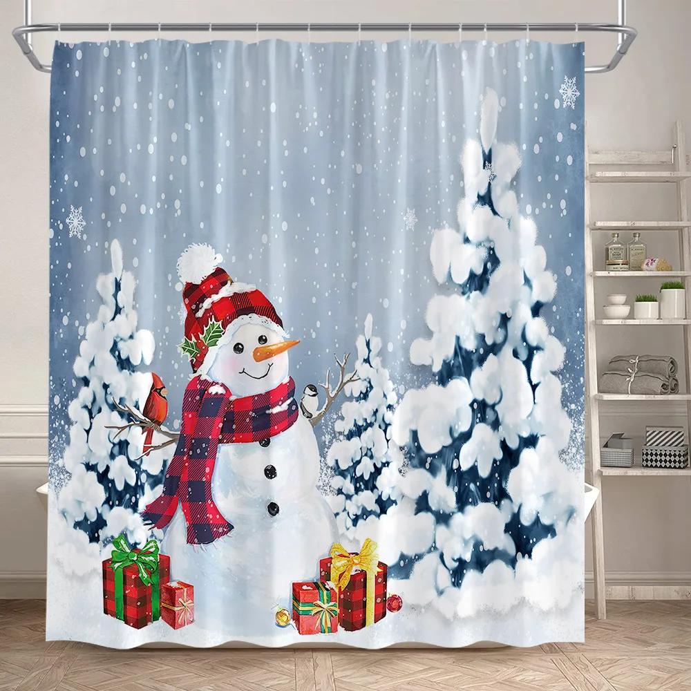 Red Christmas Shower Curtain Set Green Pine Branches Rope Ball Winter New Year Xmas Bathroom Decor Rug Bath Mat Toilet Lid Cover
