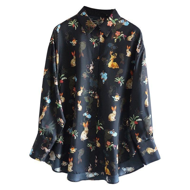 Women S Black Loose Mid Length Long Sleeve Printed Casual Shirt