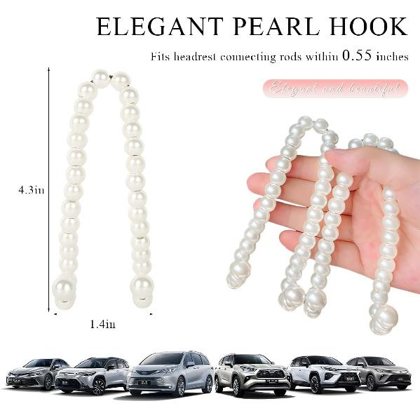 2 PCS Elegant Pearl Car Seat Headrest Hook, Cute Car Seat Hook Hanger Storage Organizer For Handbag Purse, Interior Decoration Headrest Hanger For