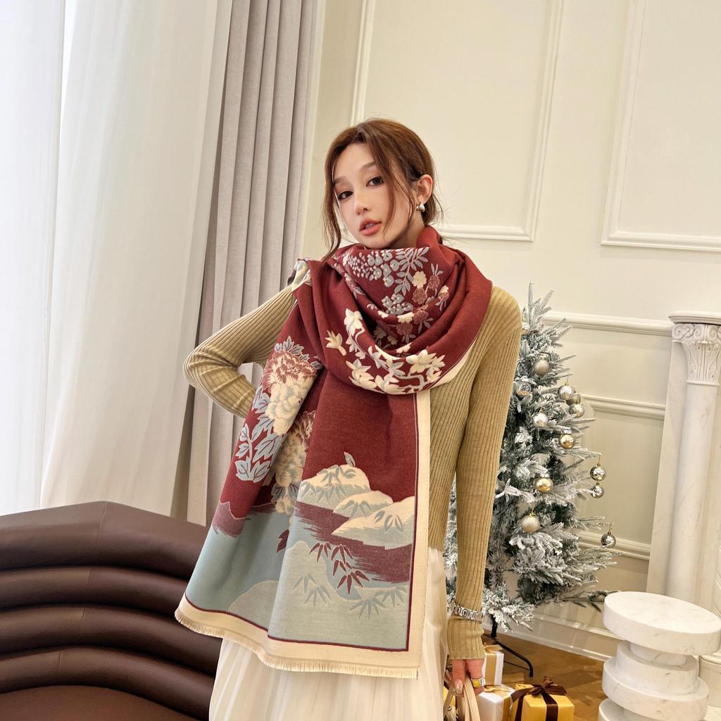 Winter Literary Imitation Cashmere Scarf Women'S Elegant Landscape Flower Language Scarf Thickened Warm Windproof Versatile Shawl