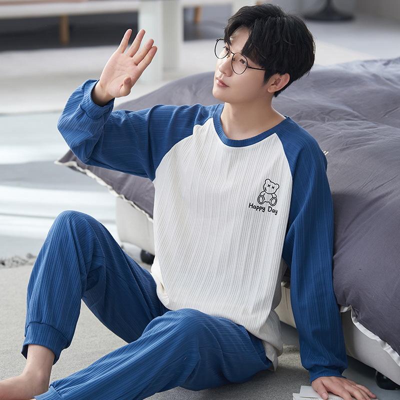 Cotton Nightwear for Men 2 Pieces Set Pajamas Spring Long Sleeves Sleeping Tops Trousers Sleepwear