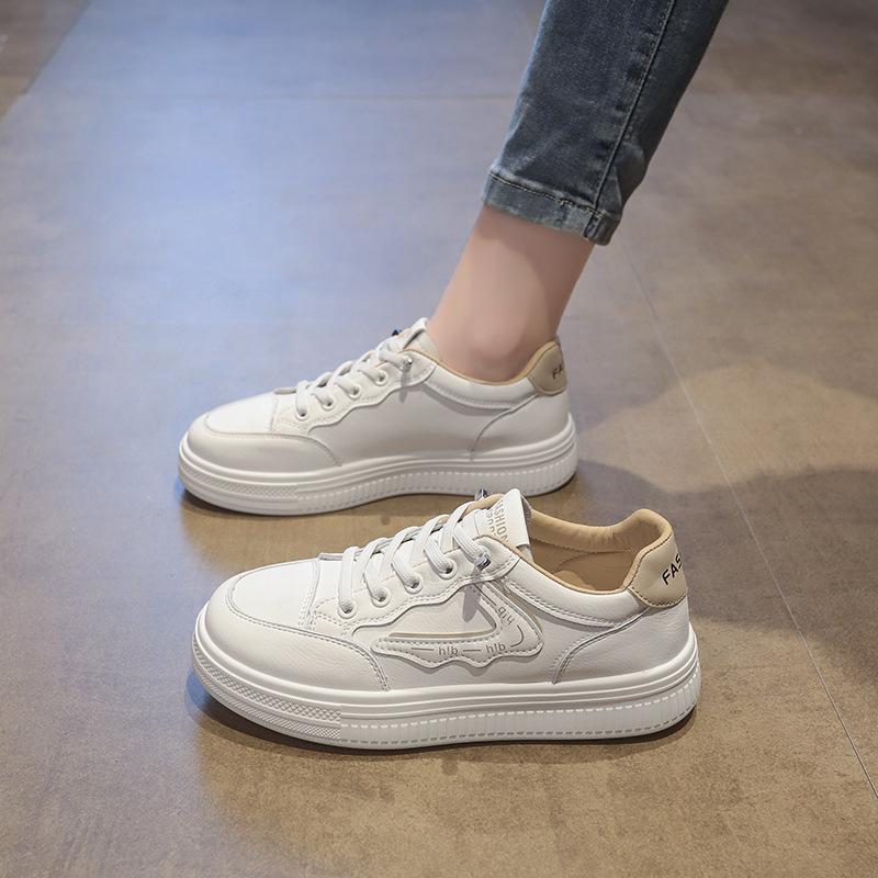2025 New Women's Summer Leather Hollow Breathable Little White Shoes Thin with Skirt Thick-soled Sports and Leisure Board Shoes