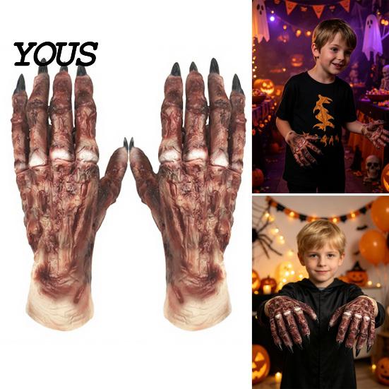Comfortable Latex Horror Gloves 1 Pair Halloween Costume for Adults Kids, Zombie Hands Detailed Gloves, Scary Ghost Hand Cosplay Accessory Masquerade