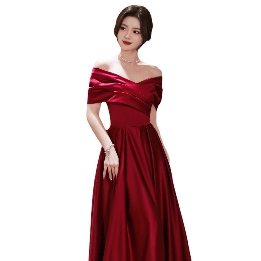 Black Slim Evening Dress Dress Women's 1011 Summer Large Size One-word Shoulder Long Banquet Temperament Long Annual Meeting Dress