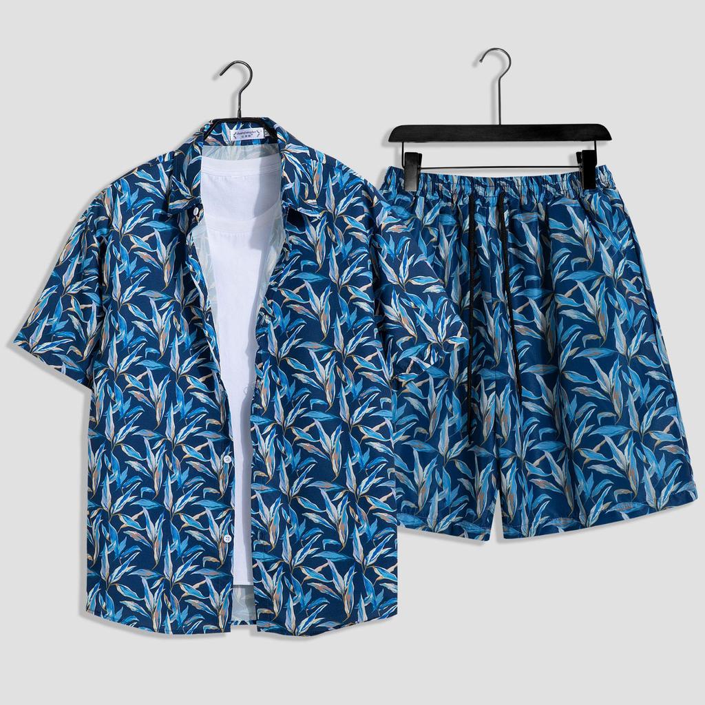 Hawaiian Floral Beach Set: Men's Loose-Fit Plus Size Short Sleeve Shirt & Casual Shorts
