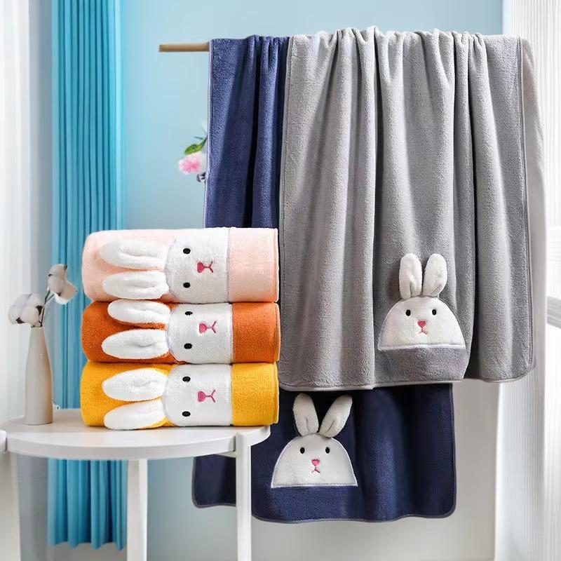 Coral Fleece Cartoon Rabbit 3D Quick-Dry Absorbent Bath Towel Set for Kids & Couples