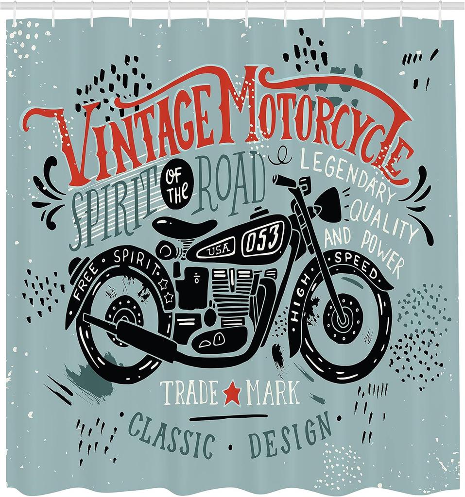 Vintage Motorrad Duschvorhang Klassisches Fahrrad Design Retro Kunst Leinen180X210