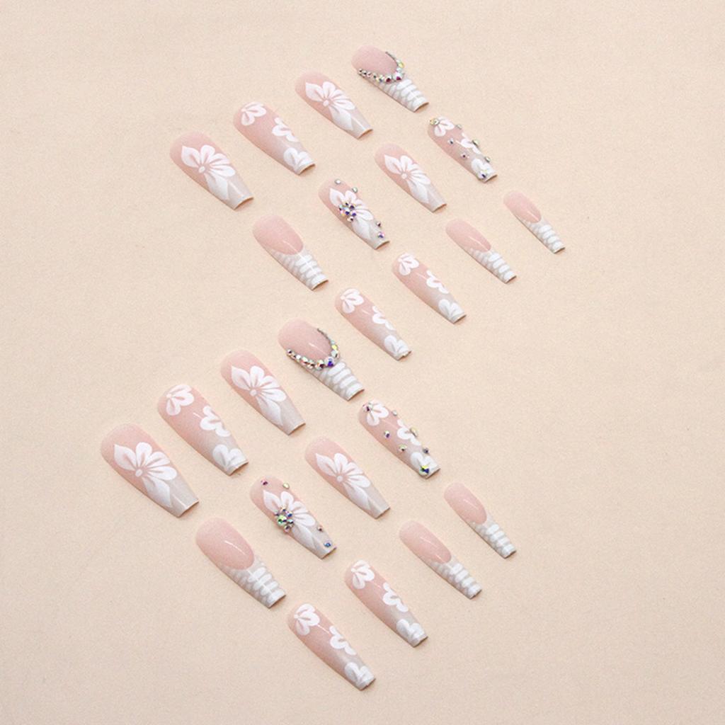 Rhinestone Embellished White Fake Nails Long Square UV Gel Cool Color Nails for Dance Parties Weekend Trips Parties
