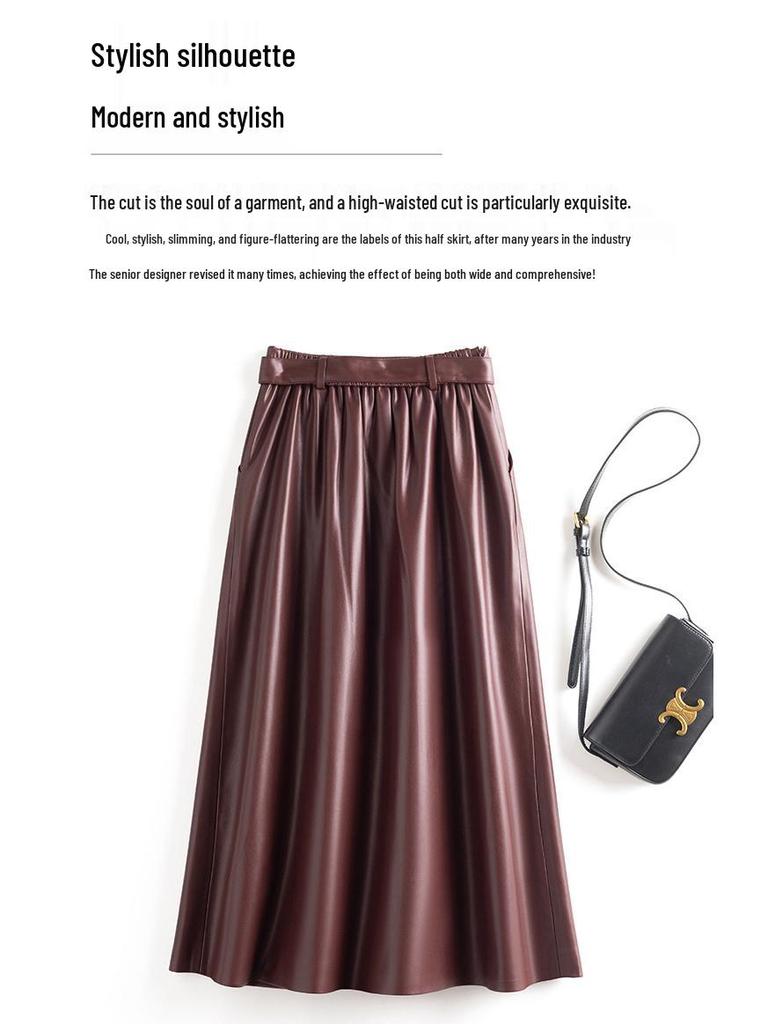 Women's Haining Lambskin A-Line Midi Skirt - High-Waisted, Slim Fit with Large Hem, Elegant Design