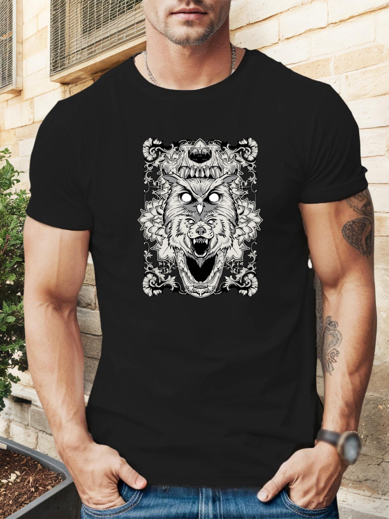Wolf Head Graphic T-shirt - Black Casual Summer Tee with Intricate White Design L
