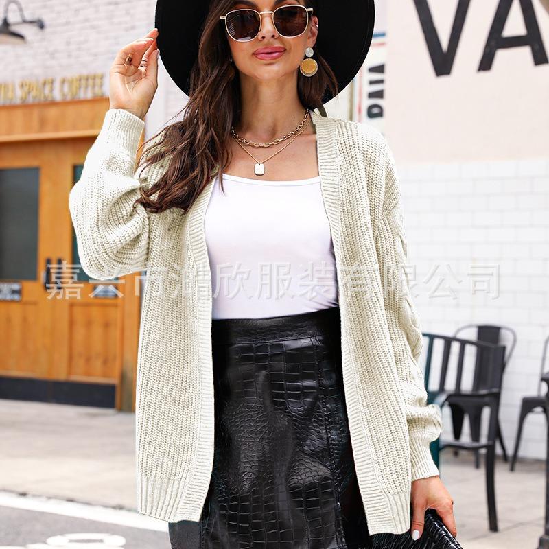 Women S V Neck Knitted Cardigan Long Sleeve Solid Color Loose Fit Sweater