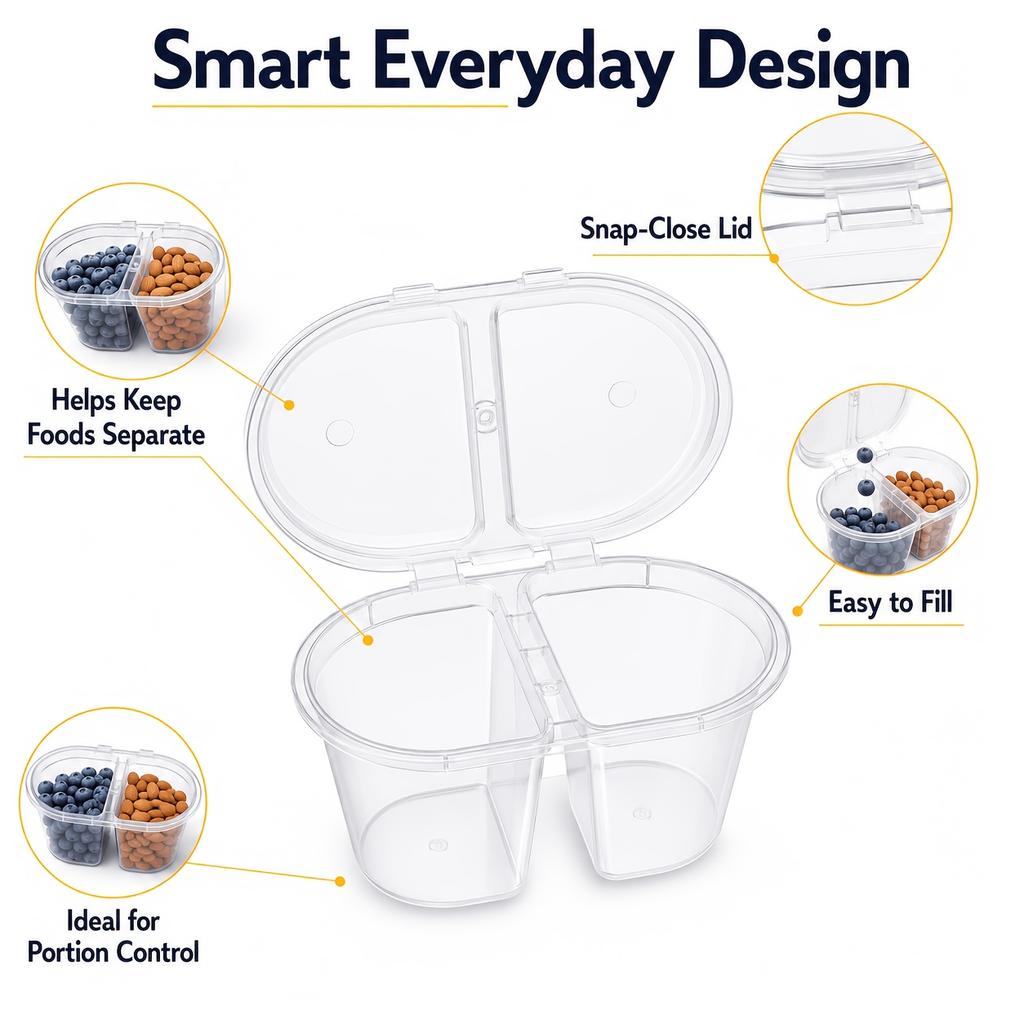 50/100Pcs Disposable Plastic Sauce Cups With Hinged Lids Dual Compartment Portion Cups Leakproof Takeout Condiment Salad Dressing Containers