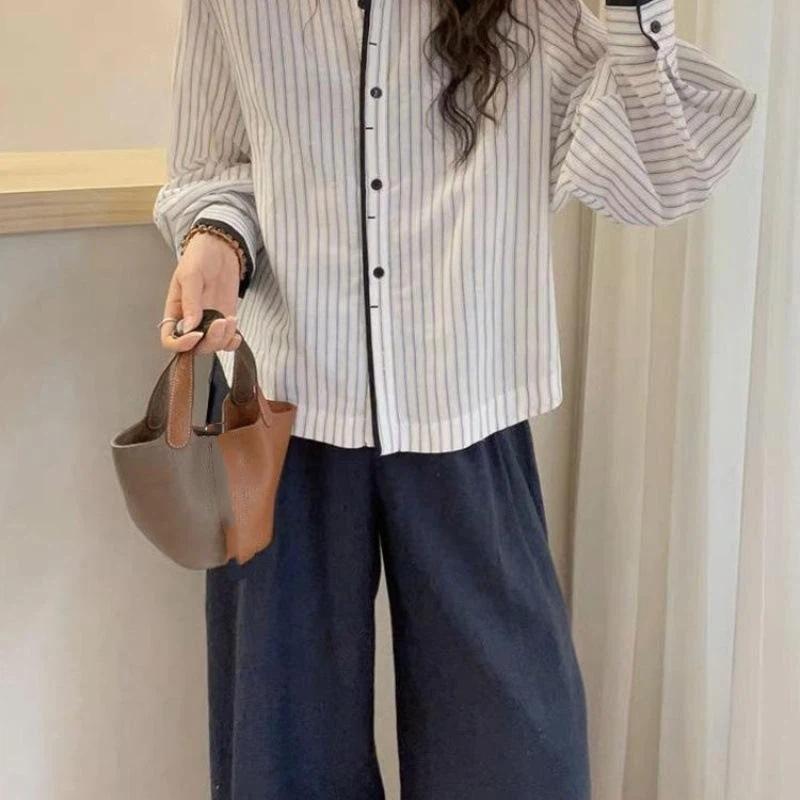Women Striped Blouse Round Neck Button Front Lantern Sleeve Casual Loose Fit Shirt