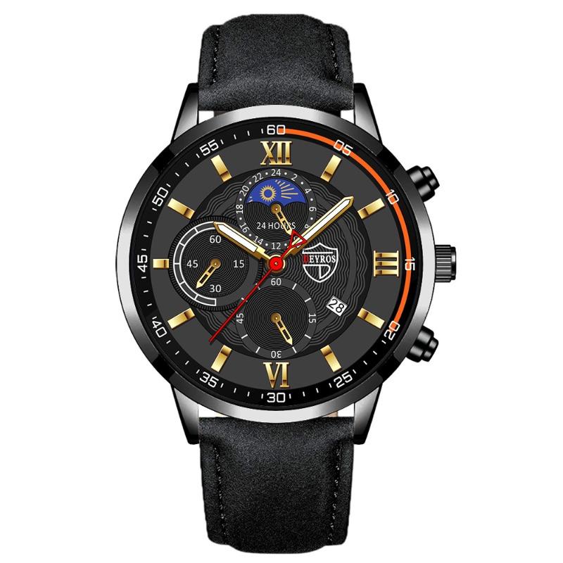 DEYROS Men's Watch Fashion Men's Business Leather Calendar Watch Men's Student Luminous Quartz Watch