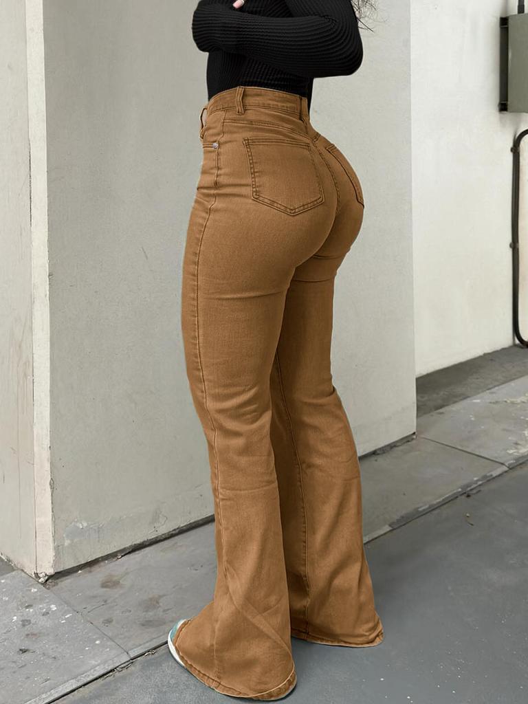 MH1025 Calças de Boca de Sino Femininas de Cintura Alta Elásticas com Bolsos