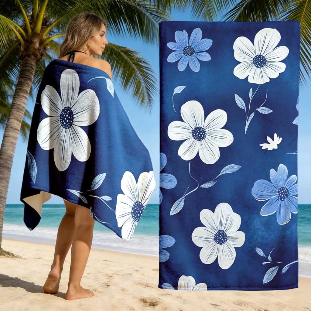 Floral Beach Towel Blue White Soft Quick Dry for Surfing Swimming Beach Vacation Outdoor Activity Birthday Gift