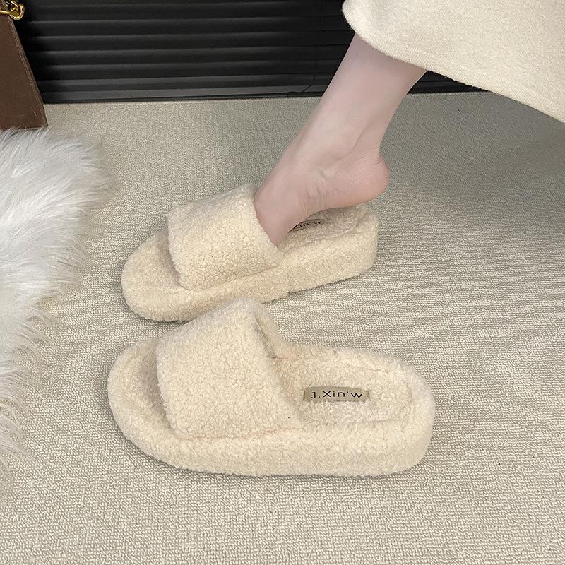 Internet celebrity plush thick-soled one-word cotton slippers women's outerwear 2025 autumn and winter new soft-soled comfortable one-pedal fluff drag