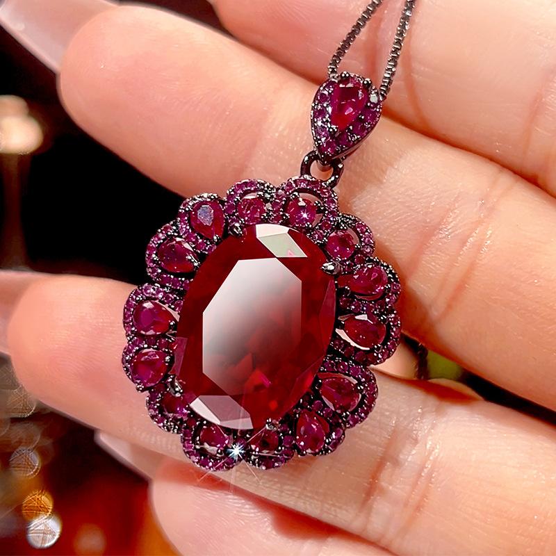 Autumn and winter new huabi jewelry simulation red corundum retro black gold jewelry set main stone 13 * 18-10-12