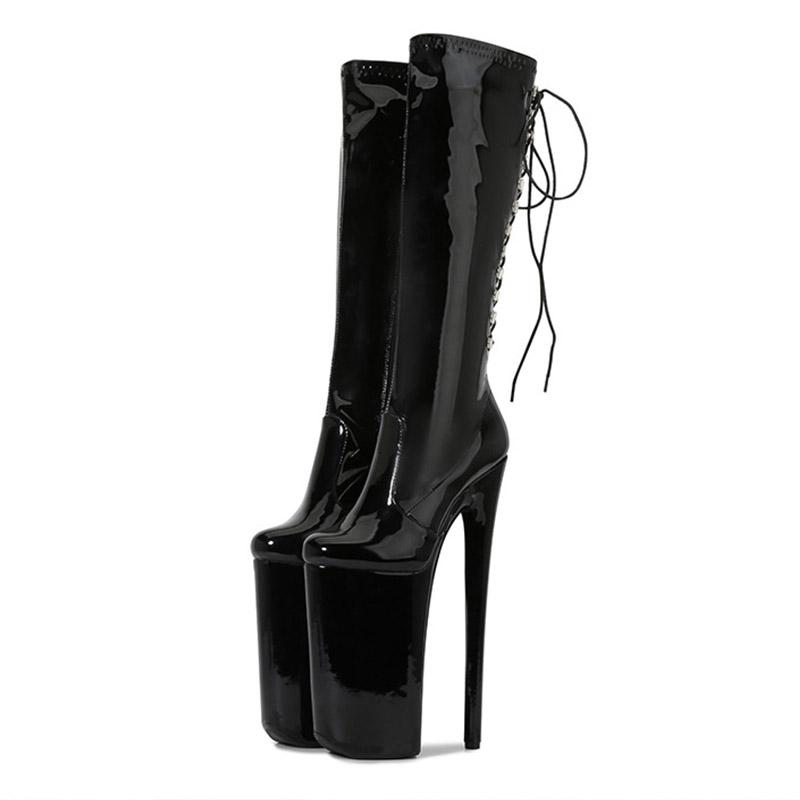Botas hasta la rodilla superaltas de 26CM para mujer, zapatos finos de tacón alto con cremallera y cordones, Botas Largas con punta redonda para baile en barra para club nocturno