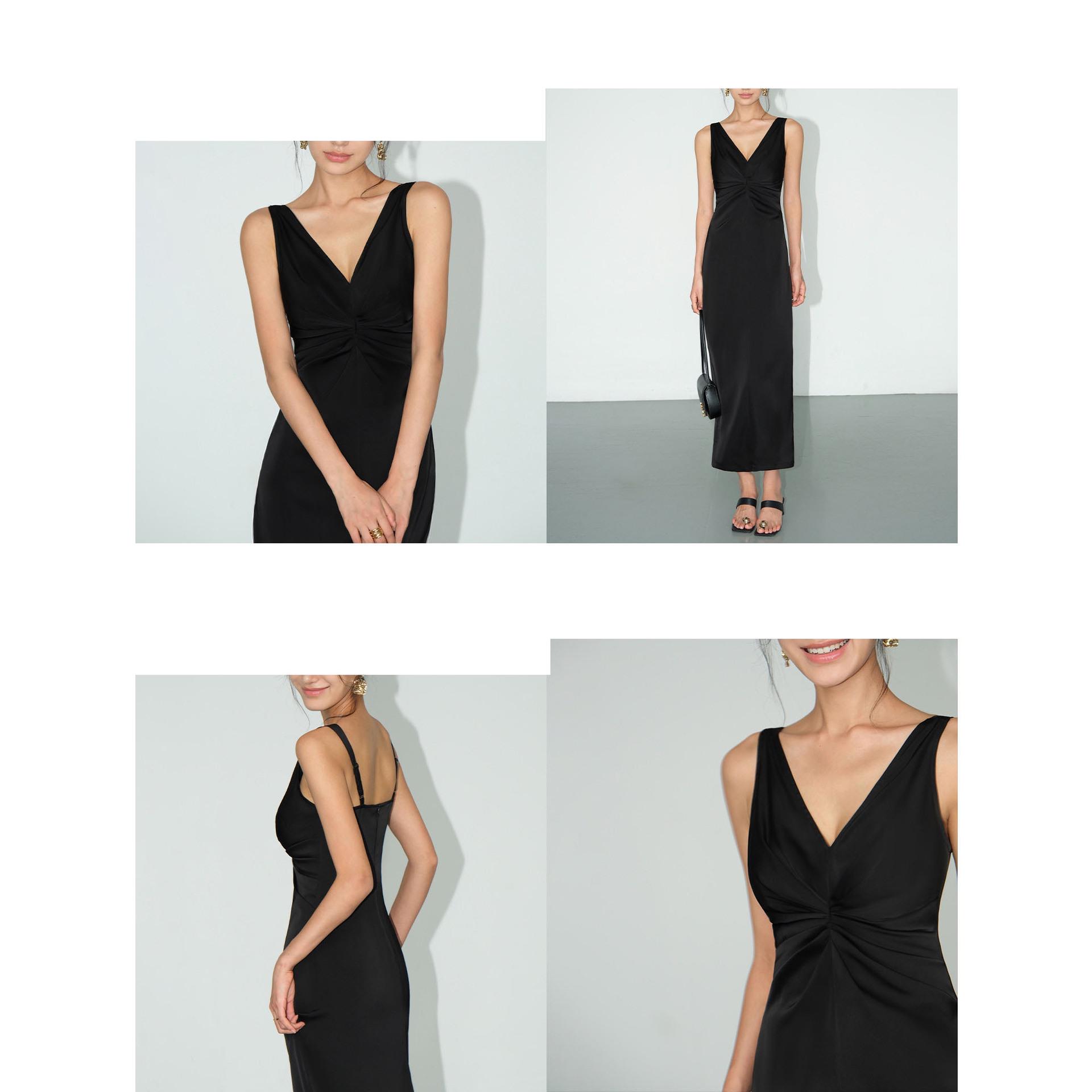 

Elegant Black V-Neck Sleeveless Summer Dress for Women - Waist-Cinching Long French Style Small чорний