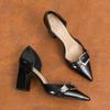 89808 [sheepskin] High Heels Women's Thick Heel 2025 New Pointed Belt Buckle Hollow Temperament Single Shoe