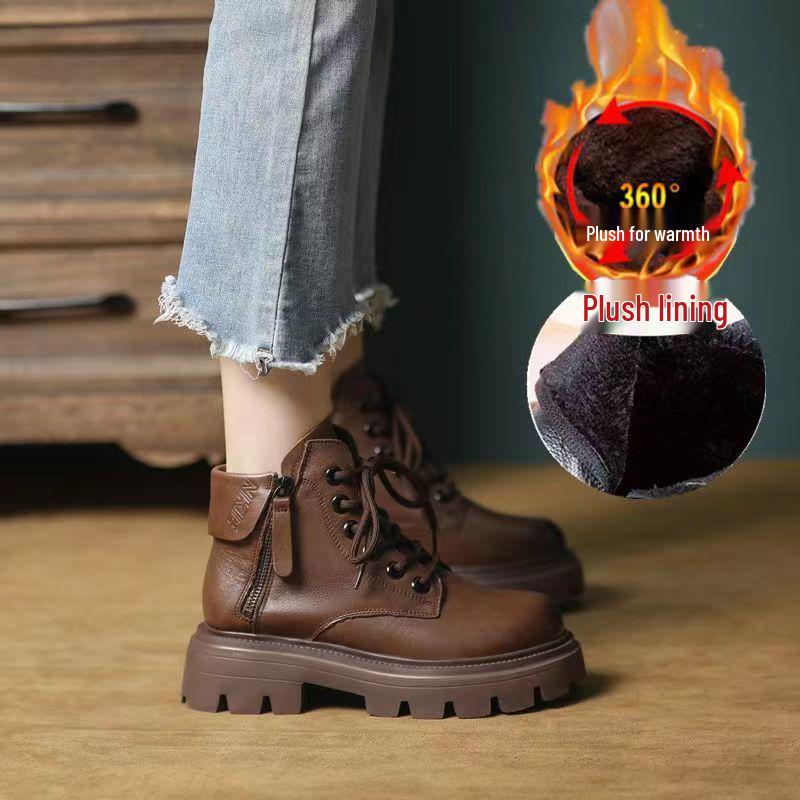 2025 Women's Retro Thick-Soled Brown Leather Motorcycle Martin Boots for Autumn/Winter