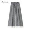 Japanese Mori Girl Spring Summer Women Wide Leg Pants High Waist Plaid Casual Loose Capris Lace Patchwork Baggy Ladies' Capris