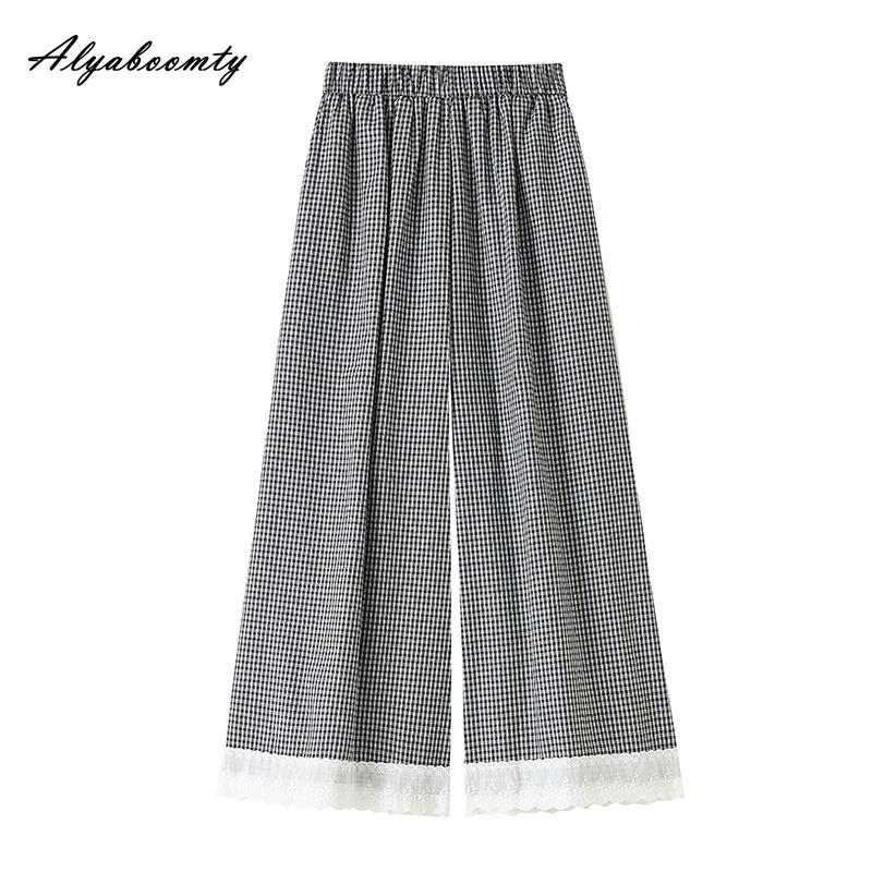 Japanese Mori Girl Spring Summer Women Wide Leg Pants High Waist Plaid Casual Loose Capris Lace Patchwork Baggy Ladies' Capris