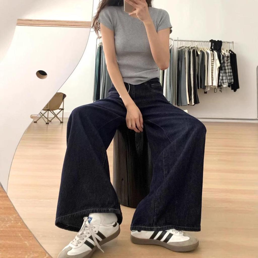 Dark Blue Wide-Leg High-Waisted Women's Jeans - Retro American Spring 2025 Floor-Length Denim