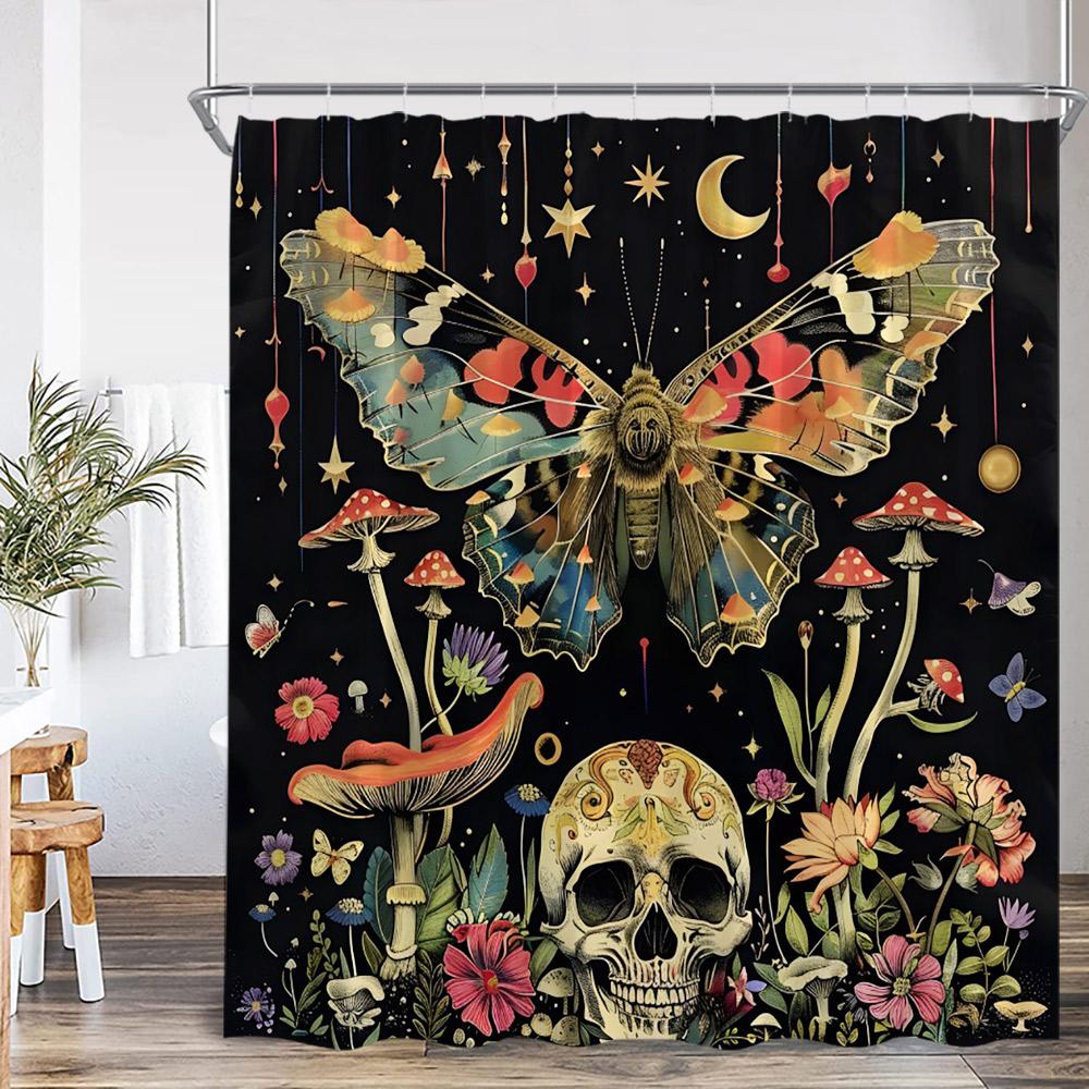 Vintage Butterfly Floral Shower Curtain Dragonfly Flower Moon Plant Skull Witch Magic Bath Curtain Retro Bathtub Decor with Hook