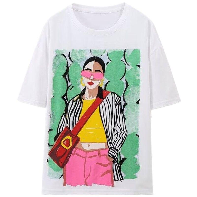 Fashion Style 2024 Summer New Women's Clothes Loose Print Pattern Casual All-Matching round Neck Short Sleeve T-shirt 1131325