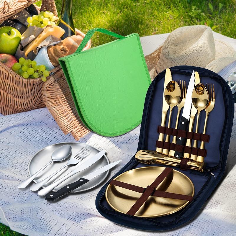 1SET/10PCS Stainless Steel Outdoor Tableware, Camping Picnic Barbecue Steak Knife, Fork, Spoon Plate Portable Tableware Set
