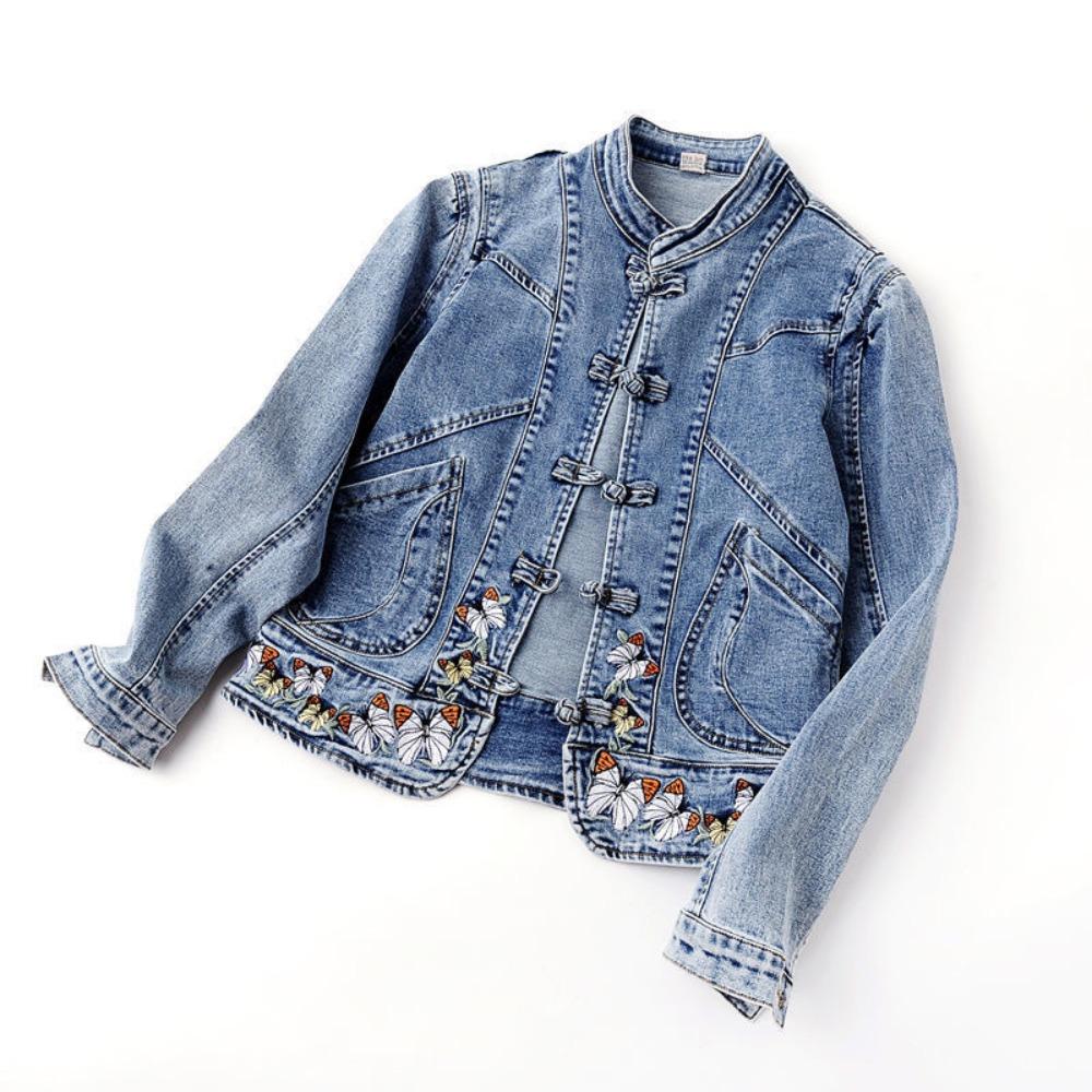 Giacca di Jeans da Donna con Collo Alto e Maniche Lunghe Vestibilità Larga Cappotto Vintage Ricamato Capospalla Casual
