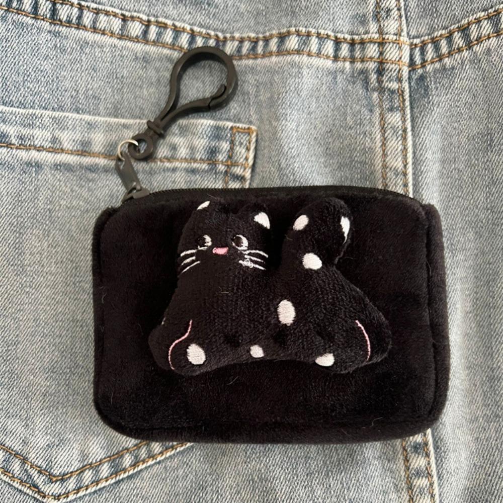New Cute Anime Coin Purse Plush Round Earphone Storage Bag Portable with Black Pearls Mini Wallet Girly Gift