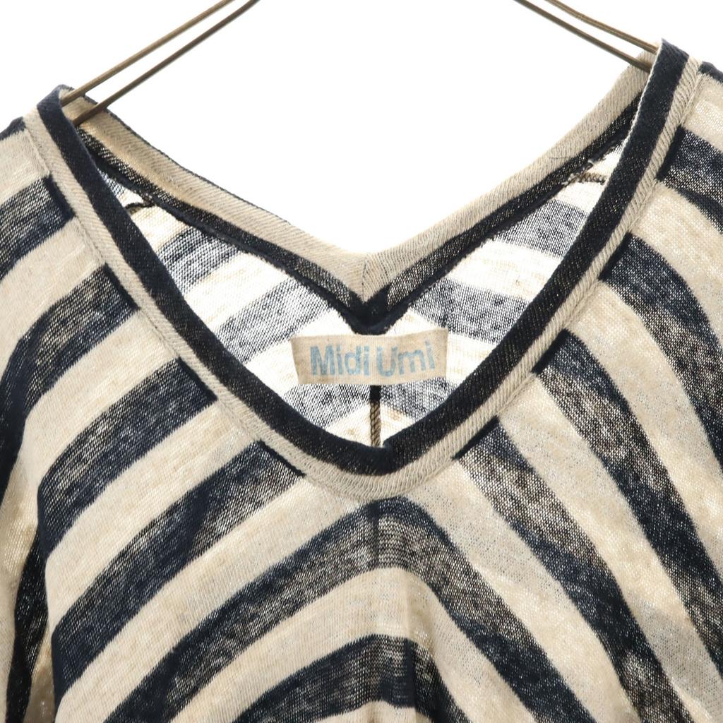 MidiUmi Made In Japan Linen Blend Border Pattern Five-quarter Sleeve V Neck Knit Women Used
