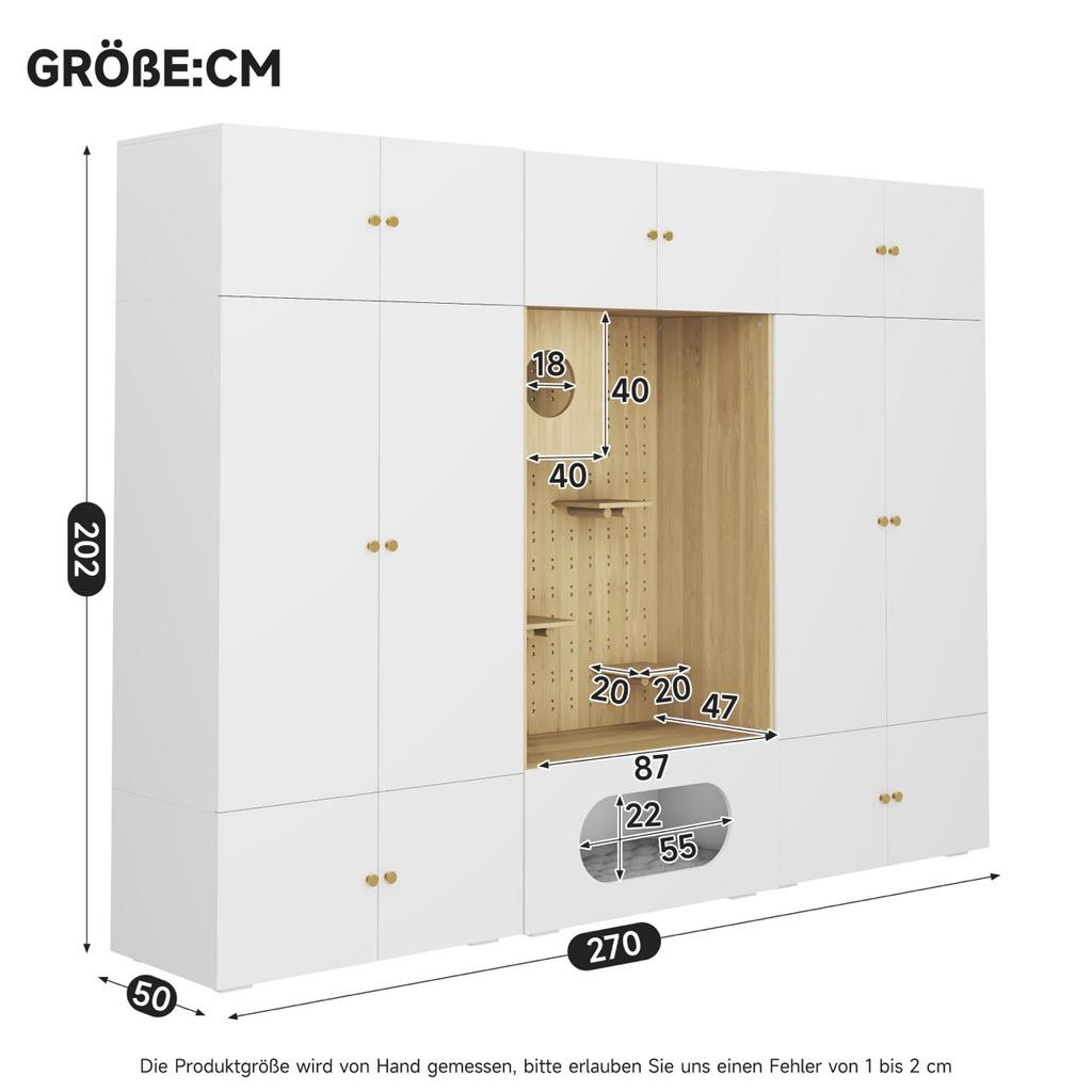 Wardrobe Set, Pet Cabinet, 270 x 50 x 200 cm, with Clothes Rail and Cat Climbing Wall, for Bedroom, Living Room and Hallway, White+Wood Look