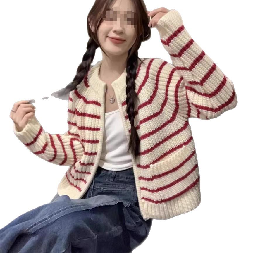 Women's French Chic Striped Knit Cardigan Jacket - Soft, Glutinous, Loose Fit, Zipper, Autumn/Winter 2025 Collection