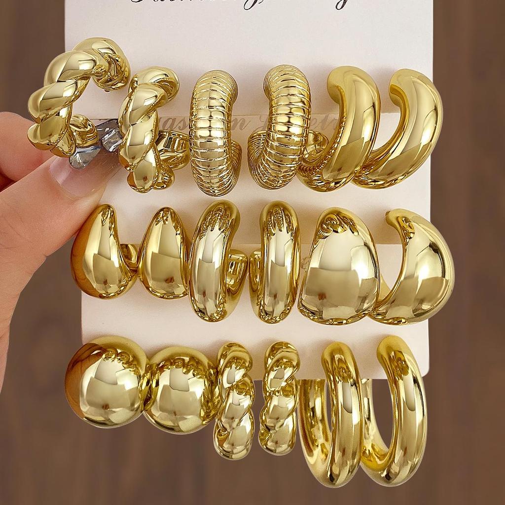 Guld C-formade Vattendroppe Örhängen Set - 3 Delar Trendiga Geometriska Creoler för Kvinnor