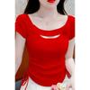 Unique Design Short Sleeved Women's Summer New Drawstring Top Slim Irregular T-shirt  Knitted Sweater