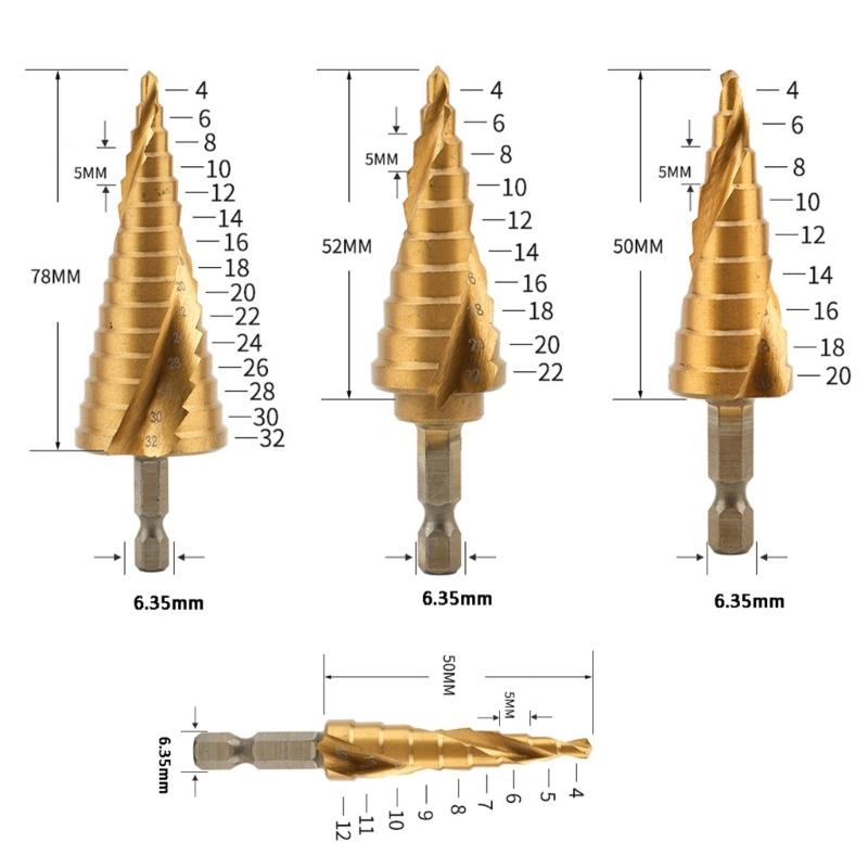 4-12/20/22/32mm Drill Bit HSS Spiralling Grooved Step Hexagonal Triangle Shank Drill Bit Hole Cutter Hand Tool